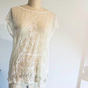 Forever 21 Ivory Mesh and Lace Transparent Top Vintage Inspired, Size Small